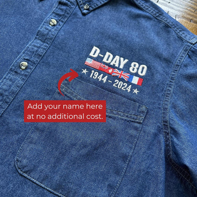 D-Day 80th Anniversary embroidered long sleeve button down shirt with free personalization
