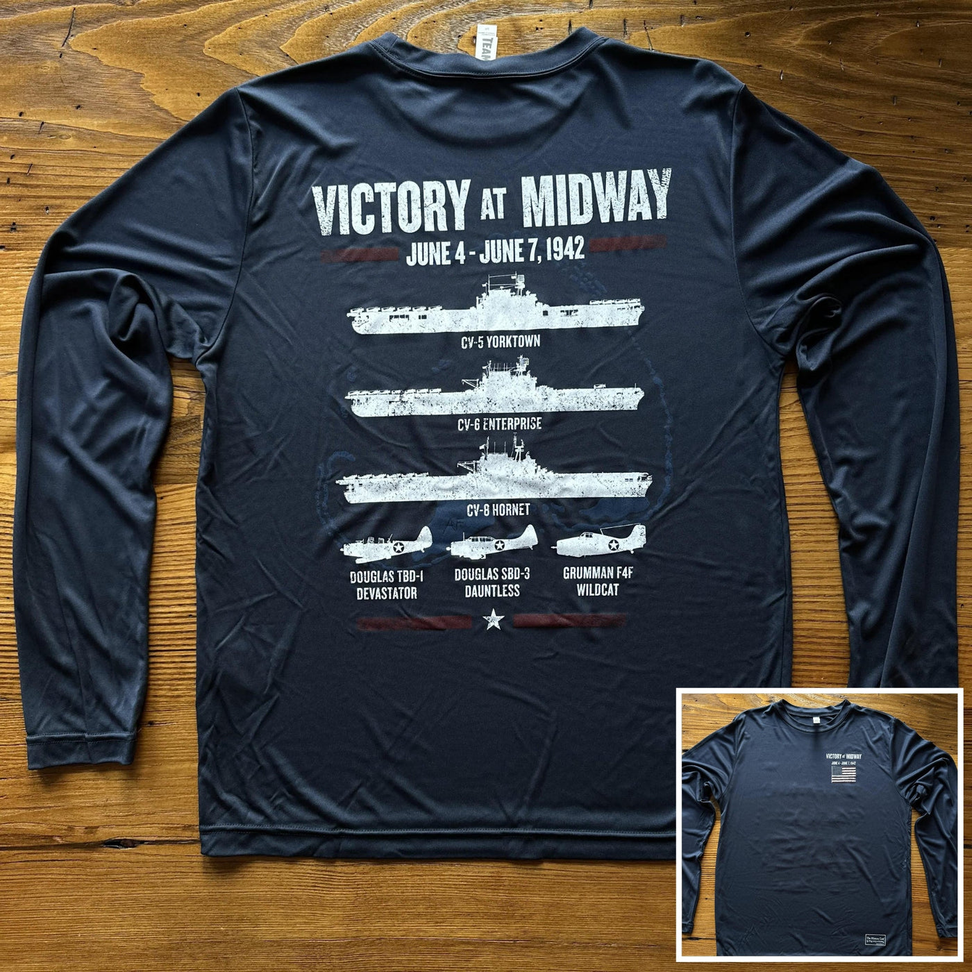"Victory at Midway" on moisture-wicking 100% polyester interlock with SPF 40+ UV protection - Long-sleeved