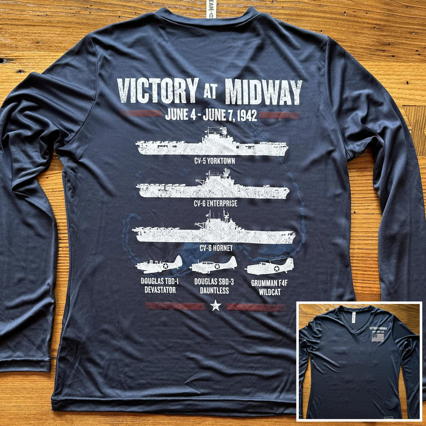 "Victory at Midway" on moisture-wicking 100% polyester interlock with SPF 40+ UV protection - Long-sleeved